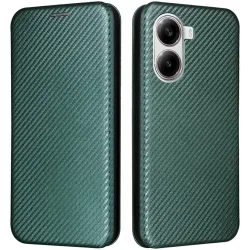Phonesta Carbon Fiber Skin Book Peňaženkové puzdro pre Xiaomi Poco X7 Pro - Tmavozelené