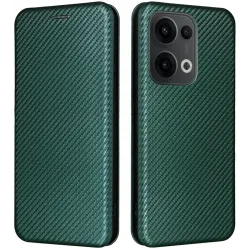Phonesta Carbon Fiber Skin Book Peňaženkové puzdro pre Oppo Reno13 - Tmavozelené