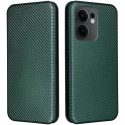 Phonesta Carbon Fiber Skin Book Peňaženkové puzdro pre Oppo Reno13 F 4G/5G / Reno13 FS 5G - Tmavozelené