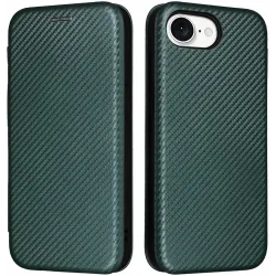 Phonesta Carbon Fiber Skin Book Peňaženkové puzdro pre Apple iPhone 17e/16e - Tmavozelené