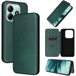 Phonesta Carbon Fiber Skin Book Peňaženkové puzdro pre Xiaomi Redmi Note 14 4G - Tmavozelené