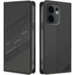 Phonesta Embossed Lines Book Peňaženkové puzdro pre Oppo Reno13 F 4G/5G / Reno13 FS 5G - Čierne